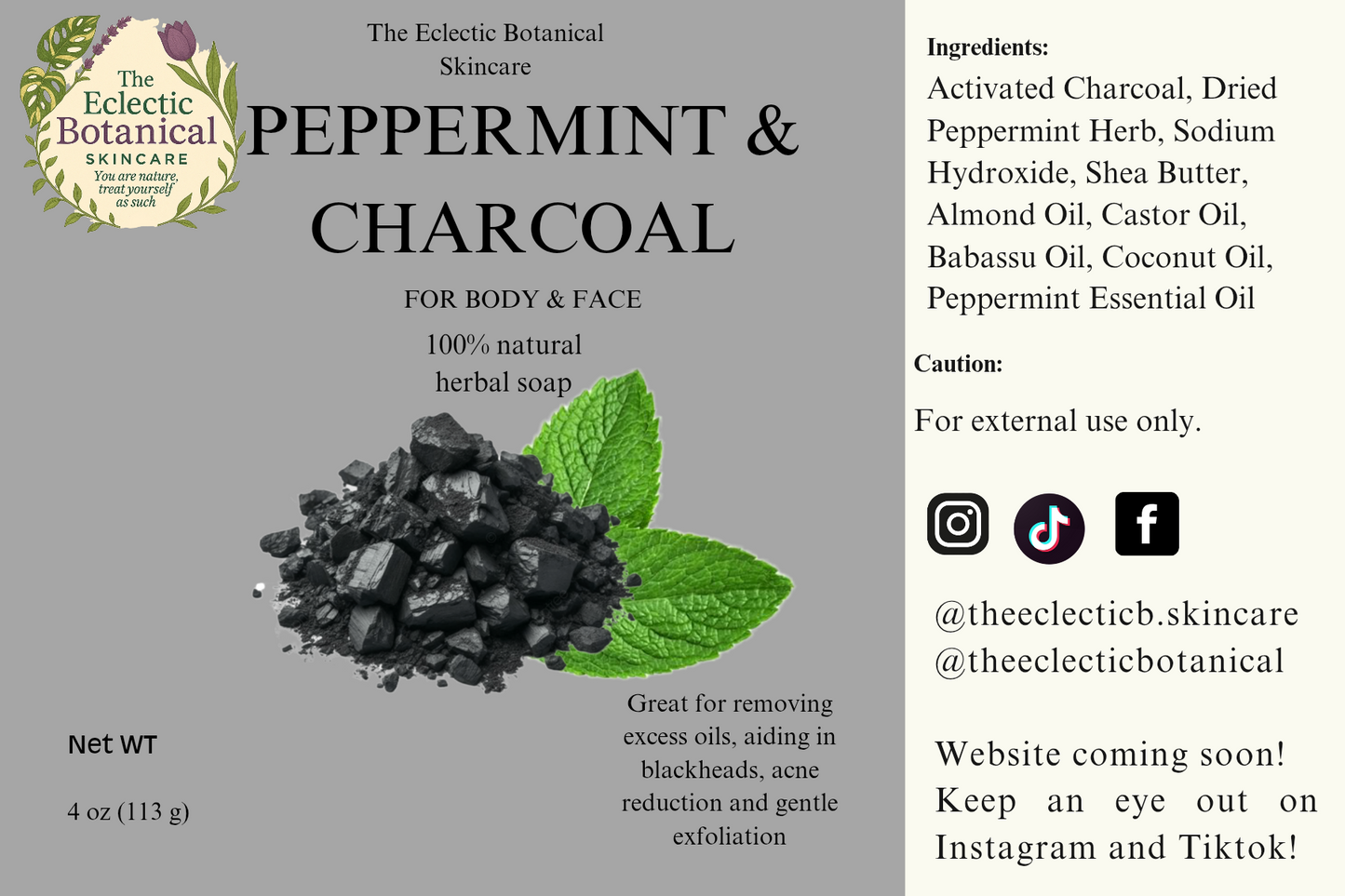 Charcoal & Peppermint 4oz Facial Soap Bar