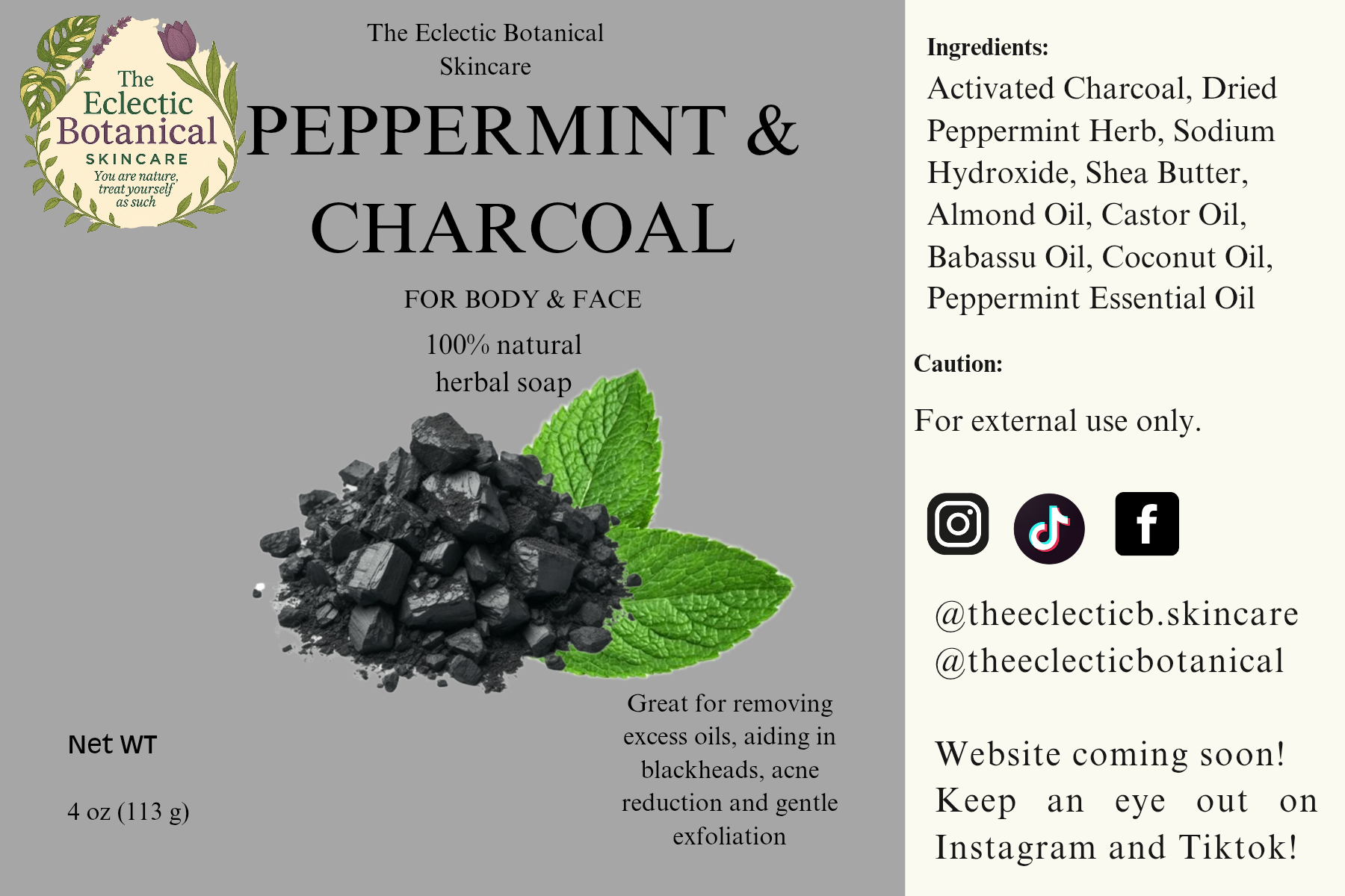 Charcoal & Peppermint 4oz Facial Soap Bar